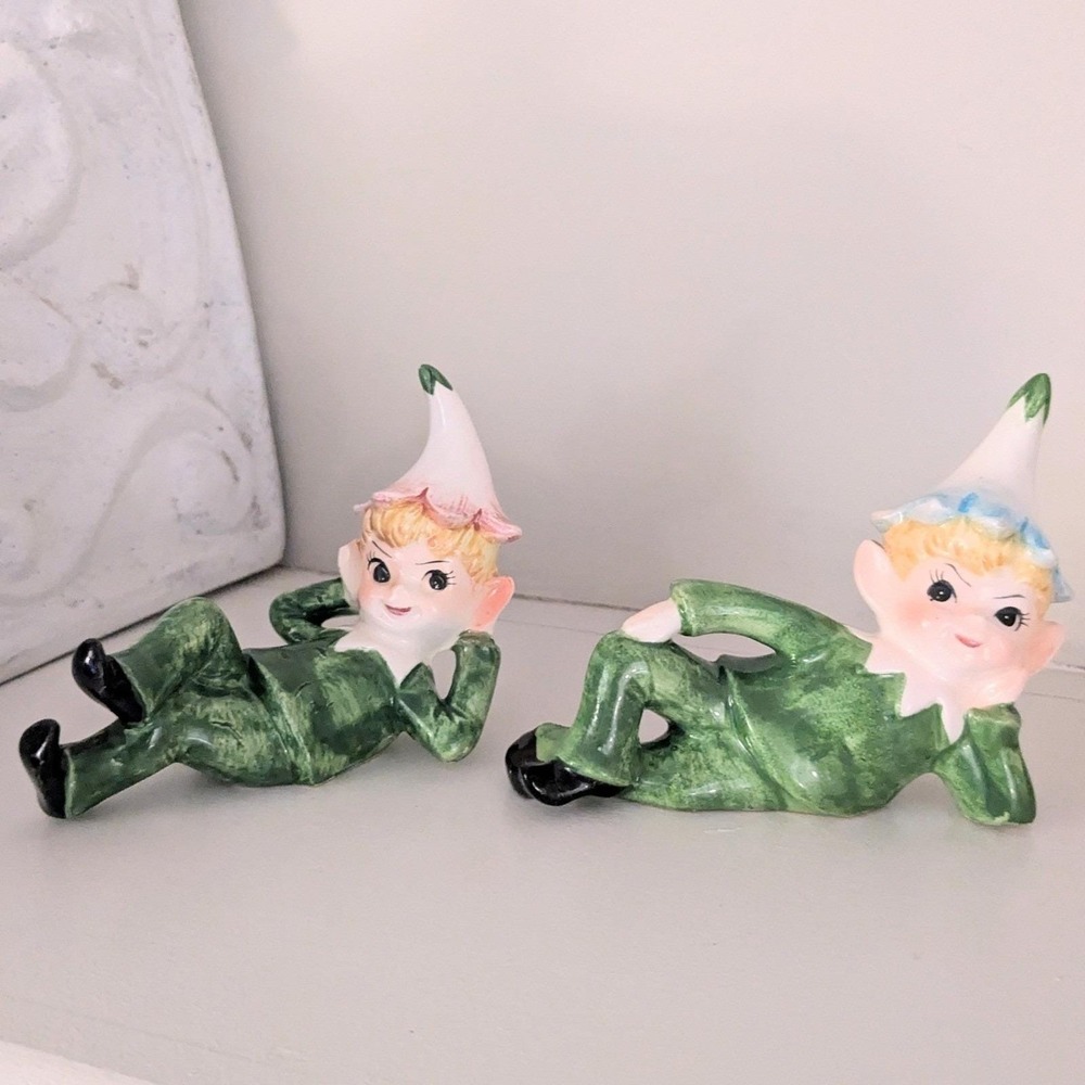 Vintage Set of 2 Norcrest? Japan Flower Pixie Elves Ceramic Figurines Kitsch